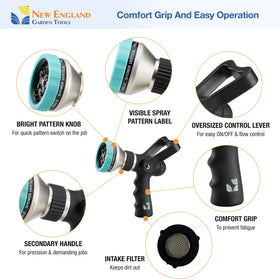 New England Garden Tools high-pressure water cannon enables quick, thorough rinses.
