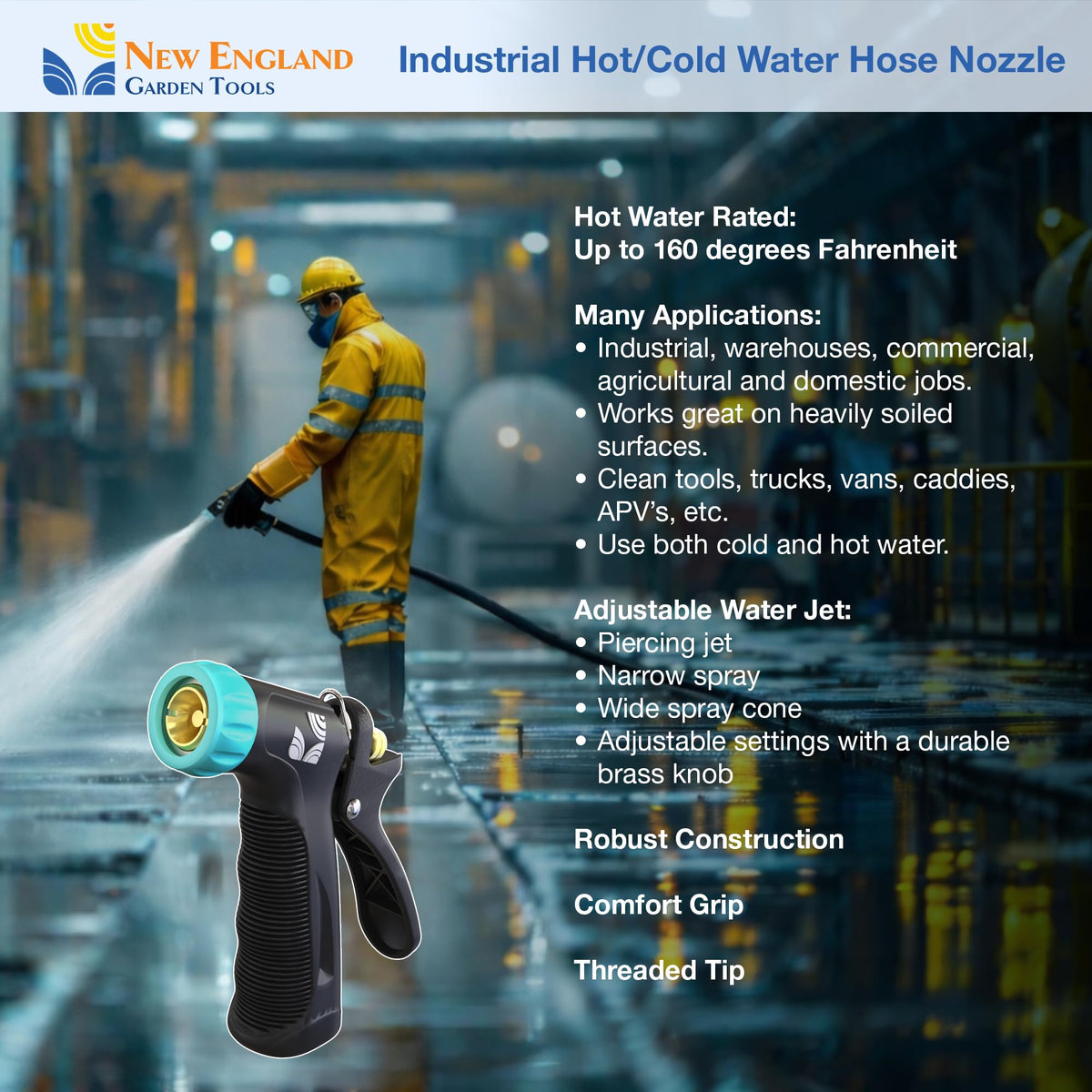New England Garden Tools jet nozzle insulated-handle supports hot water up to 160°F