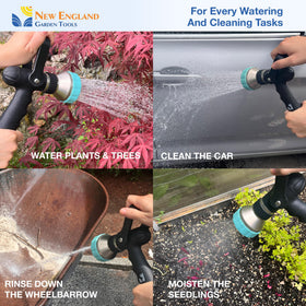 New England Garden Tools metal core emphasizes strength for heavy-duty cleaning and watering.