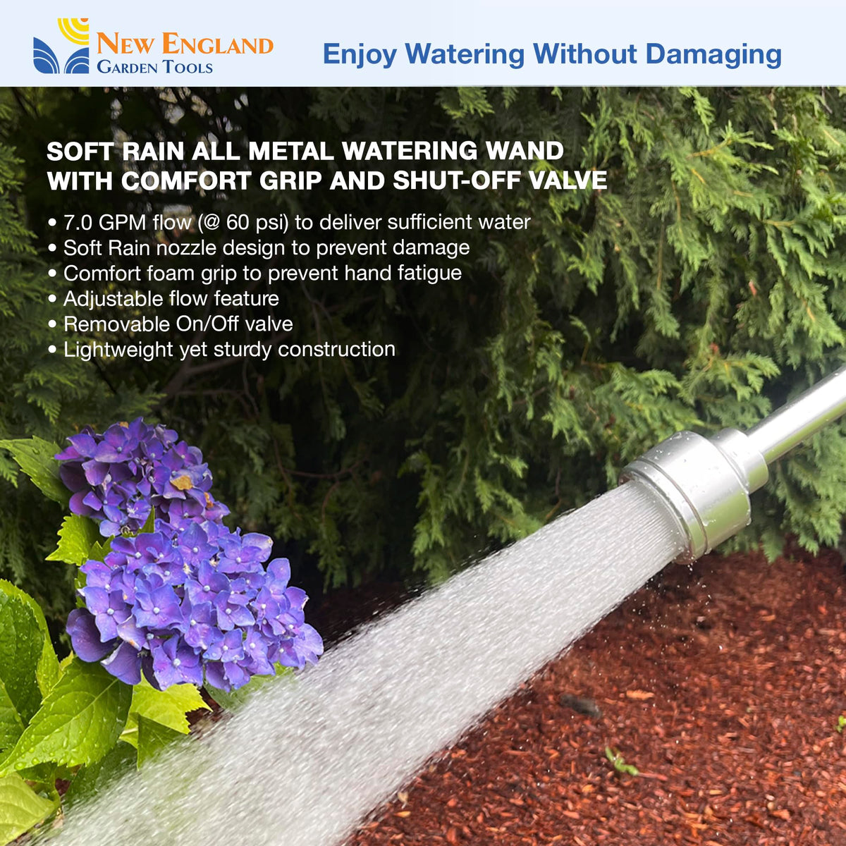 New England Garden Tools wand ready for outdoor cleaning of cars and pets after gardening.
