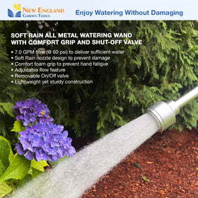 New England Garden Tools wand ready for outdoor cleaning of cars and pets after gardening.