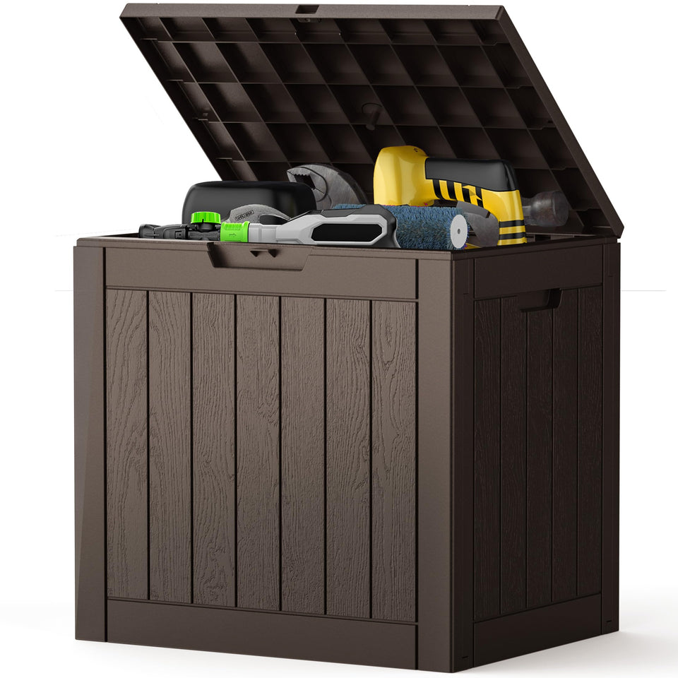 NEWBULIG 31-gallon deck box with open lid, convenient for quick outdoor storage access