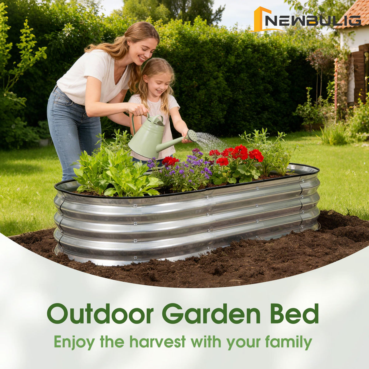 NEWBULIG flowers and herbs flourish in the raised bed setup