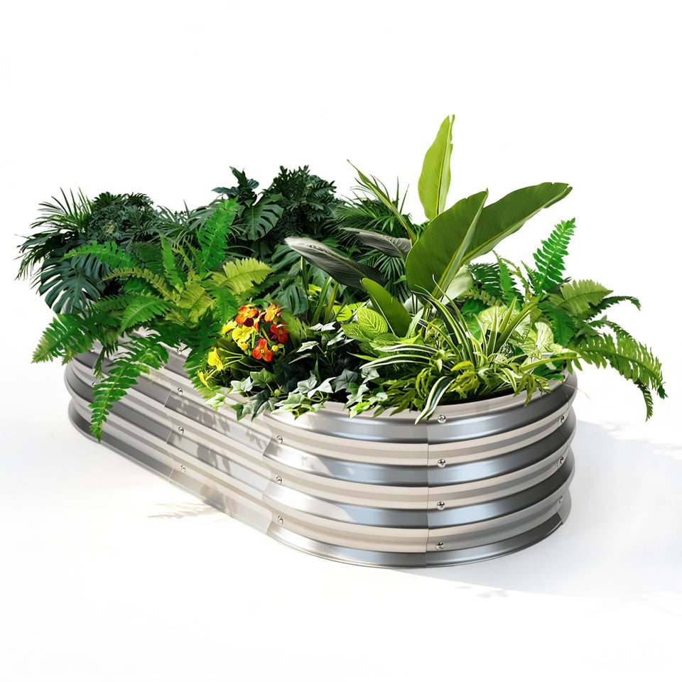 NEWBULIG oval raised bed 4x2ft front view shows sturdy galvanized steel construction for outdoor gardening