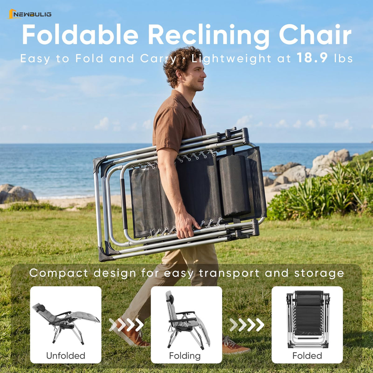 NEWBULIG Zero Gravity Chair on the beach shows easy setup and relaxation.