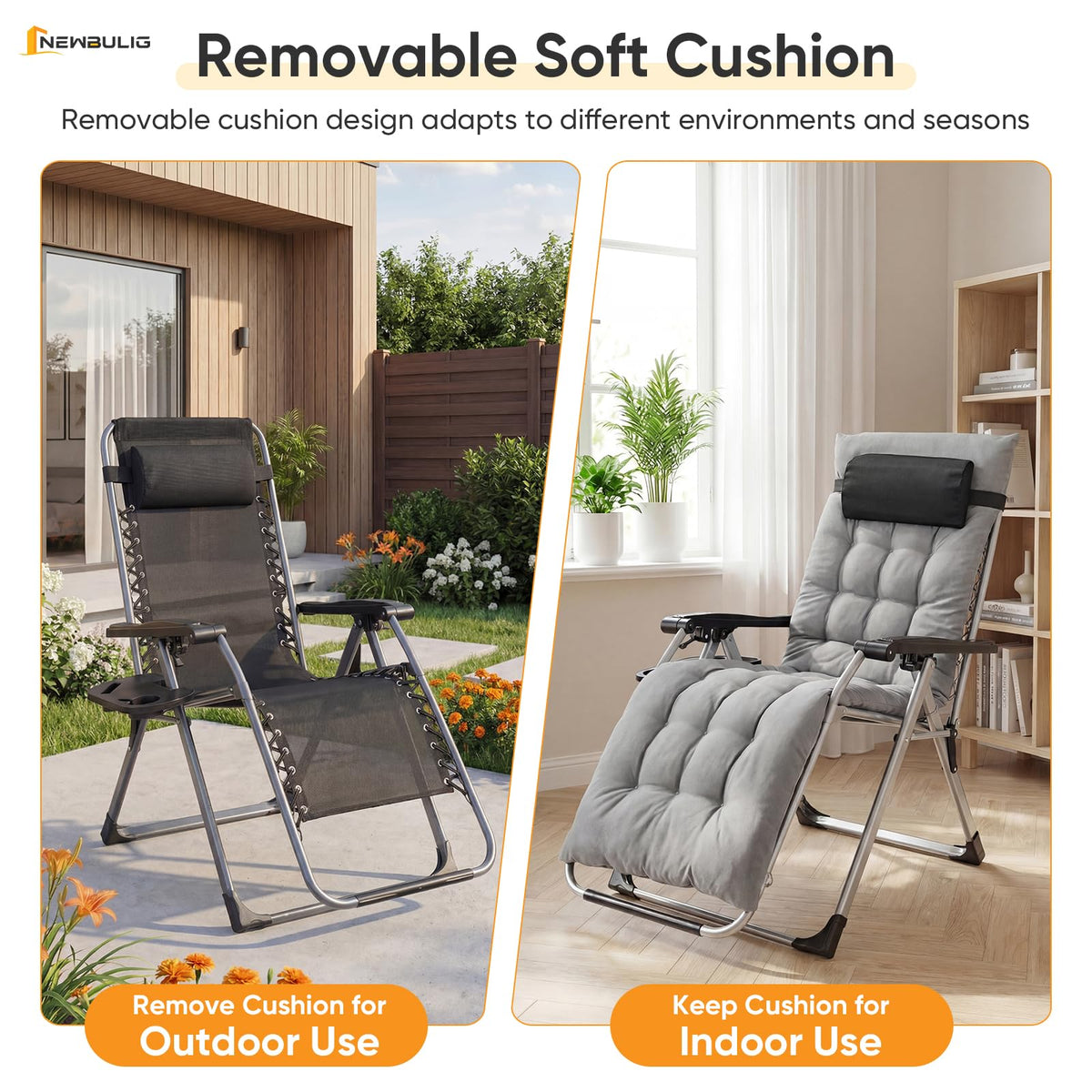 NEWBULIG Zero Gravity Chair camping scene emphasizes sturdy frame and ergonomic recline.