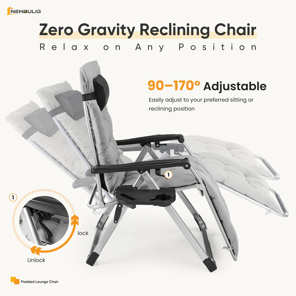 NEWBULIG Zero Gravity Chair cushion detail shows breathable, removable padding for comfort.