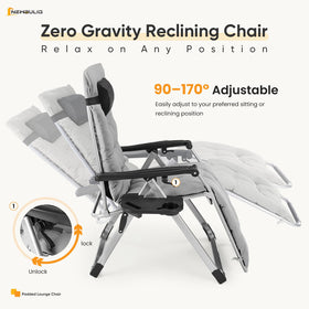 NEWBULIG Zero Gravity Chair cushion detail shows breathable, removable padding for comfort.