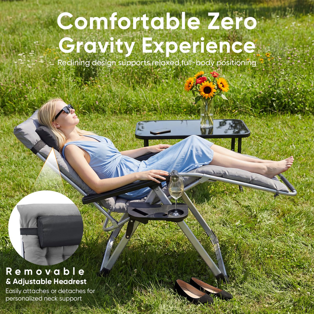 NEWBULIG Zero Gravity Chair headrest close-up highlights neck support.