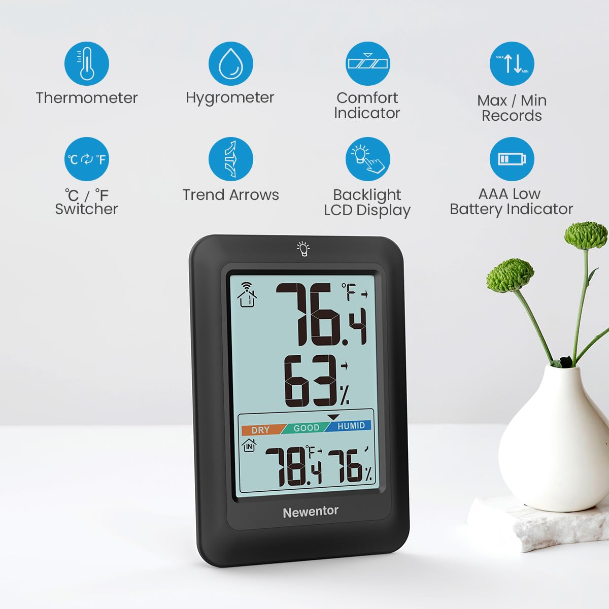 Newentor compact thermometer suitable for porch, garage, or storage areas