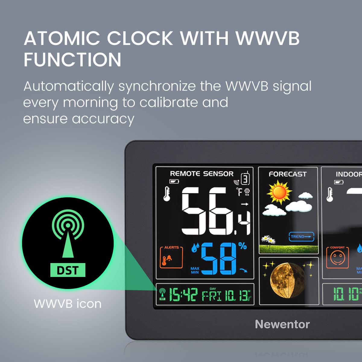 Newentor atomic clock display with dual alarms.