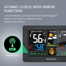Newentor atomic clock display with dual alarms.