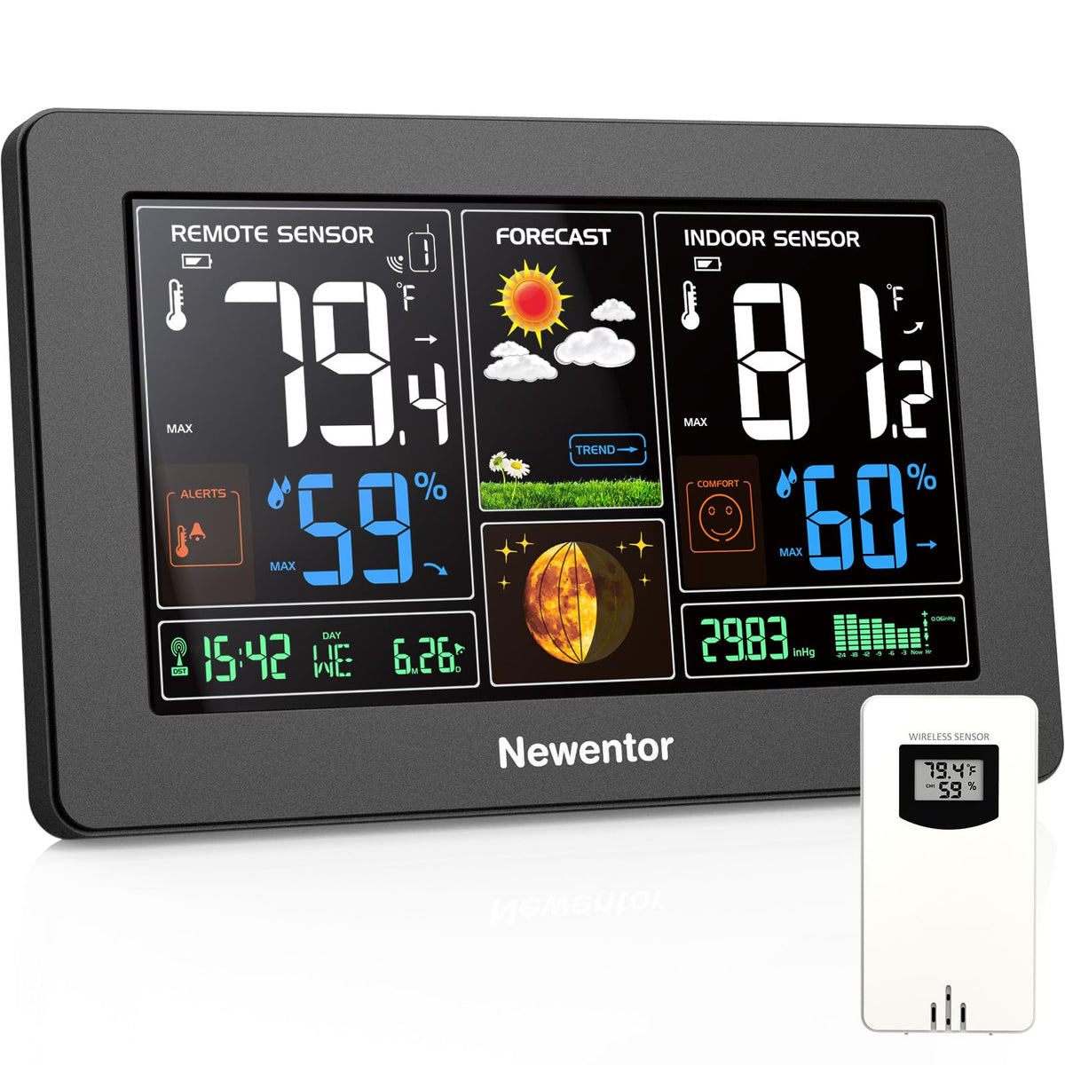 Newentor weather station front view with bold color display for quick readings.
