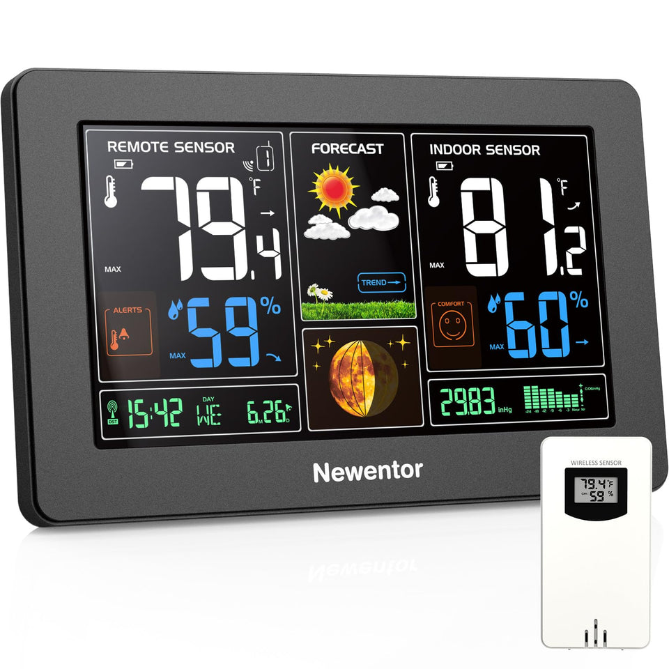 Newentor weather station front view with bold color display for quick readings.