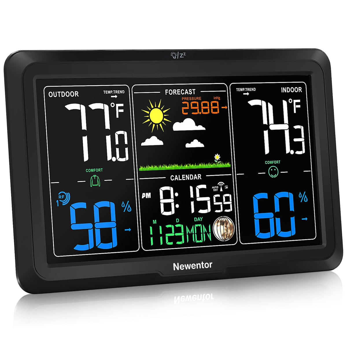 Newentor weather station front display shows temperature, humidity, and forecast for quick checks.
