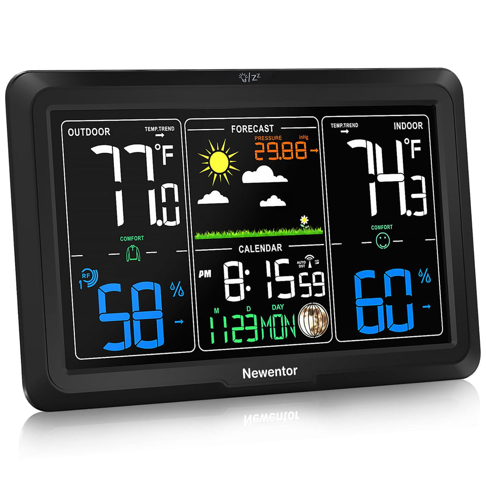 Newentor weather station front display shows temperature, humidity, and forecast for quick checks.
