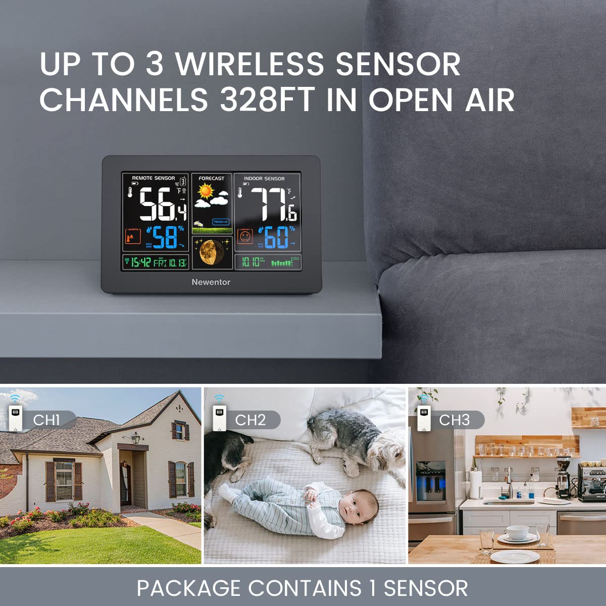 Newentor remote sensor for indoor and outdoor temperature and humidity.
