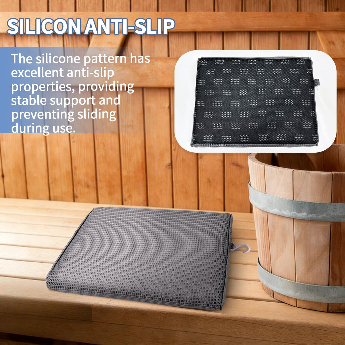 Newivi sauna seat cushion features silicone non-slip bottom for stability on wet surfaces.