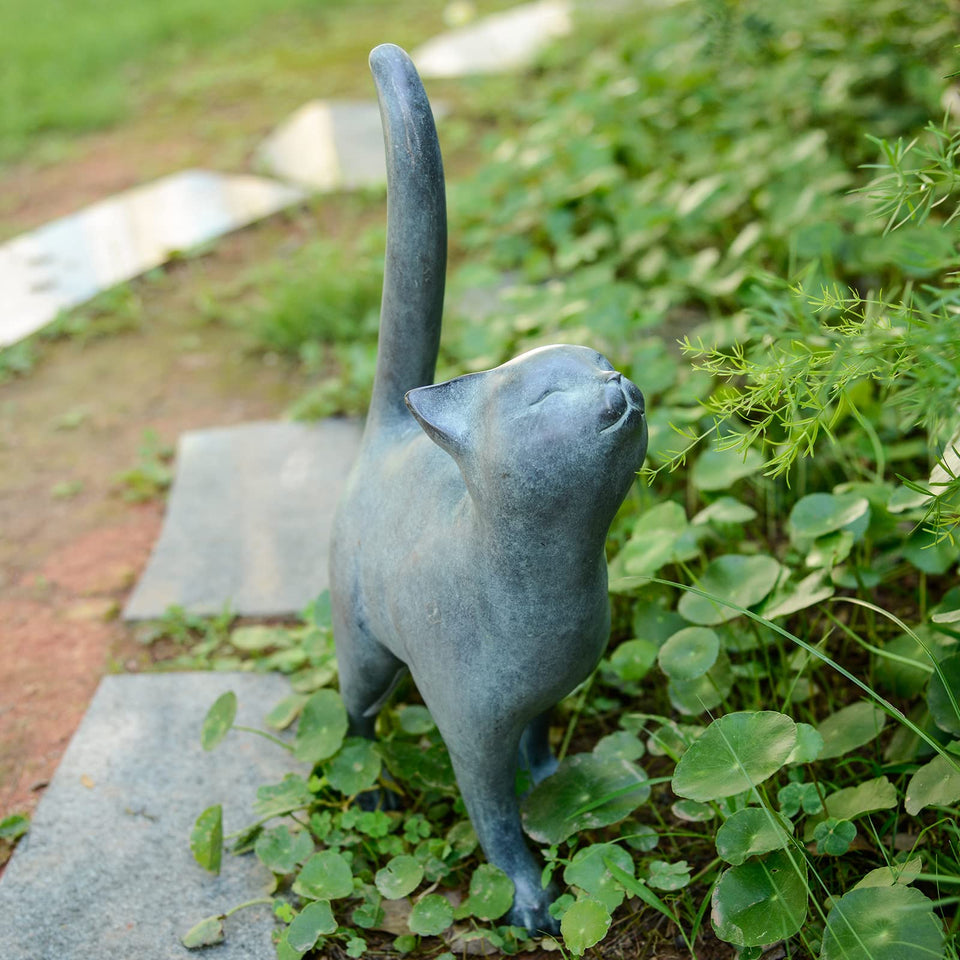 Newman House Studio cat figurine front view with verdigris finish enhances entryway charm.