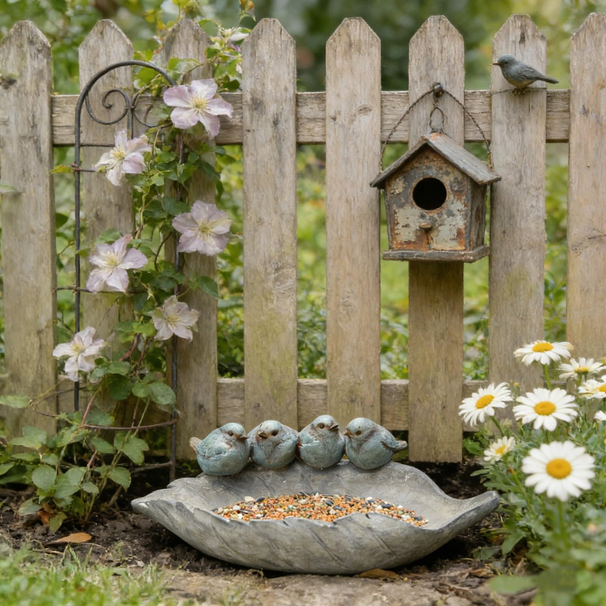 Newman House Studio hand-painted gray finish enhances rustic garden appeal