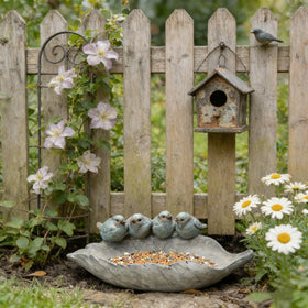 Newman House Studio hand-painted gray finish enhances rustic garden appeal