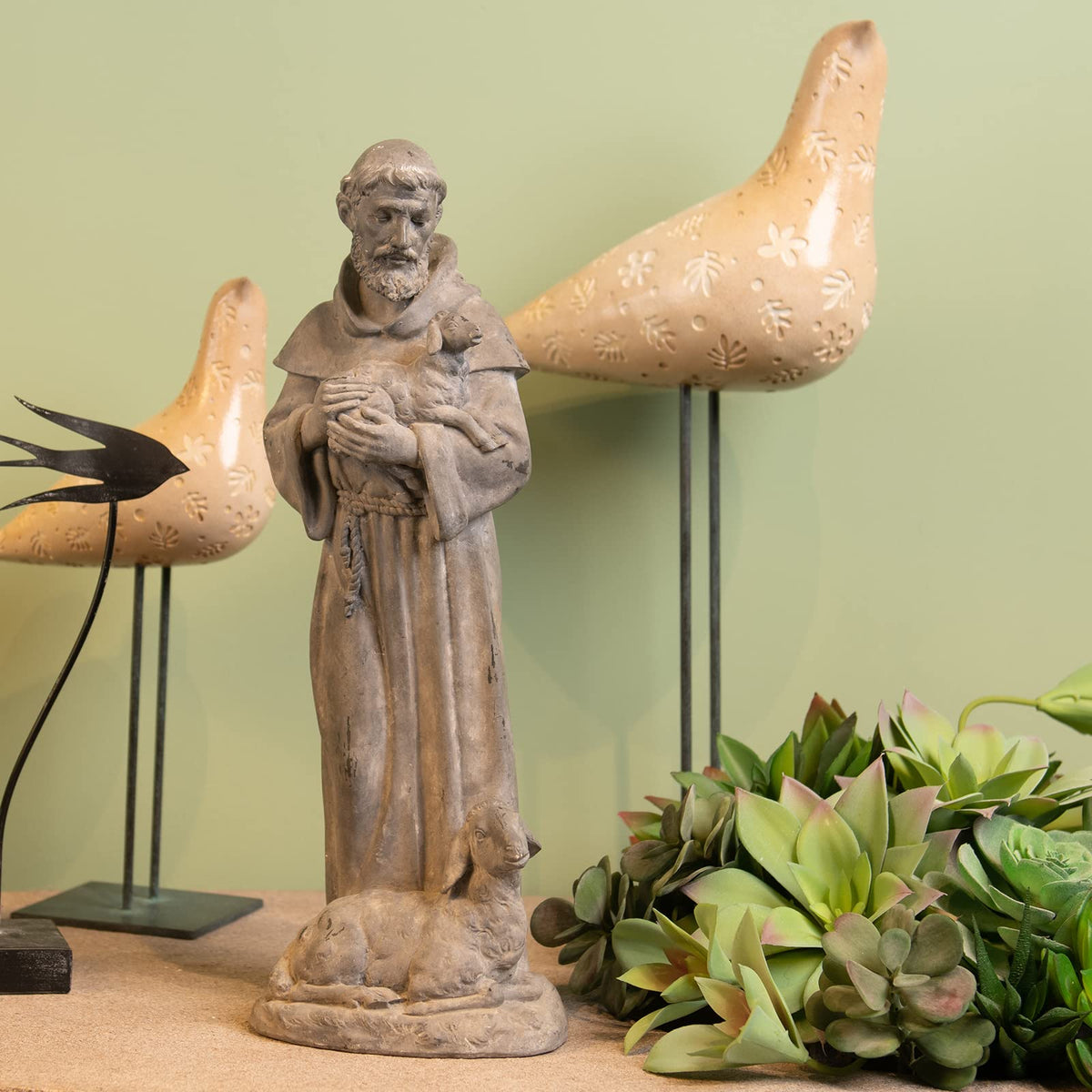 Newman House Studio vintage Saint Francis figure with lambs, perfect porch decor.