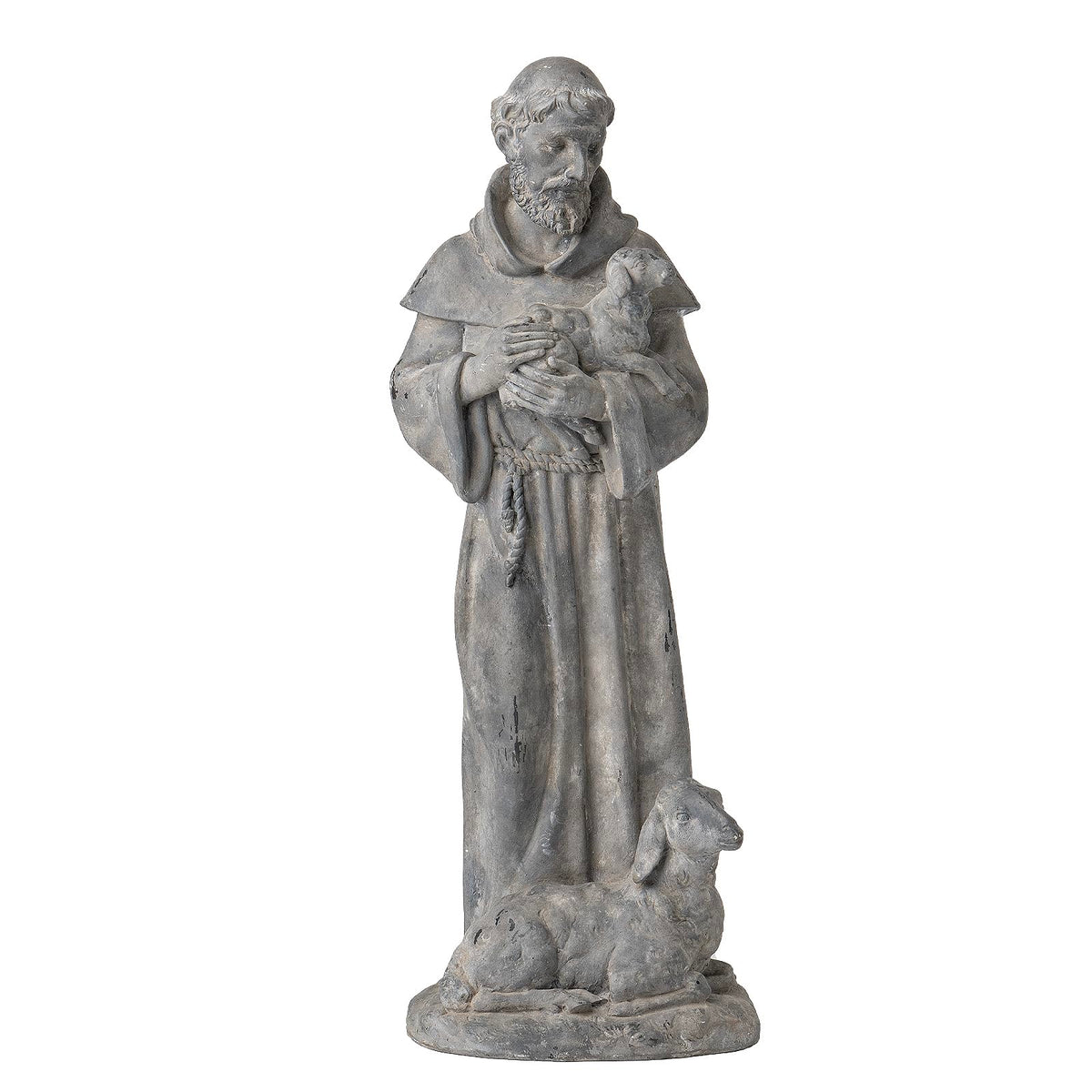 Newman House Studio Saint Francis statue with sheep, ideal garden centerpiece.