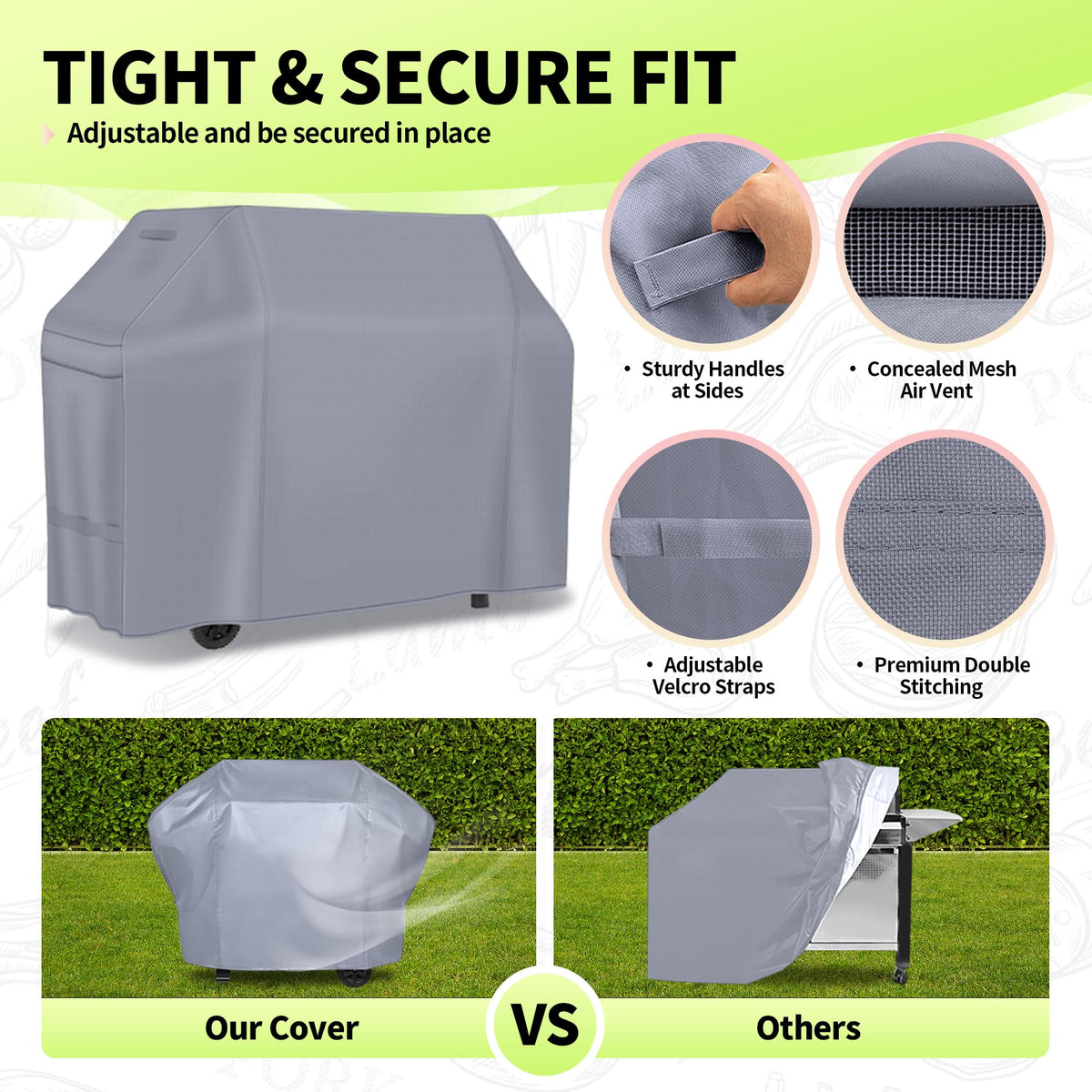 NEXCOVER 55-inch grill cover fabric closeup shows rugged 600D material