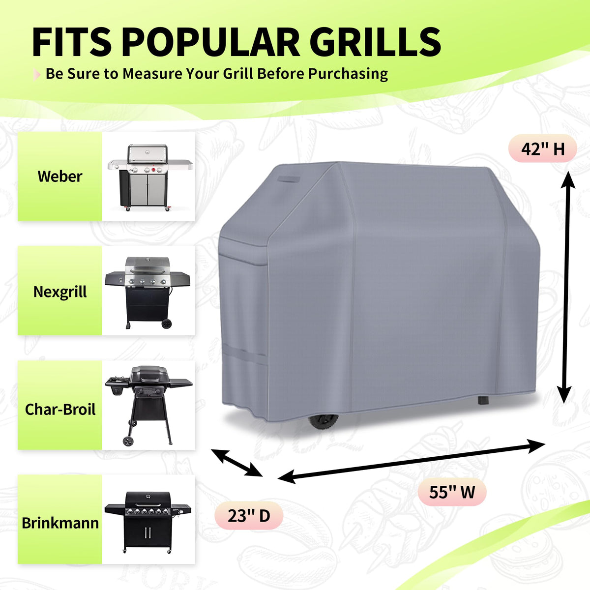 NEXCOVER 55-inch grill cover side view protecting a grill from rain and sun