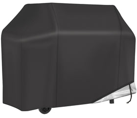NEXCOVER 58-inch grill cover protecting a wide outdoor grill from rain and sun.