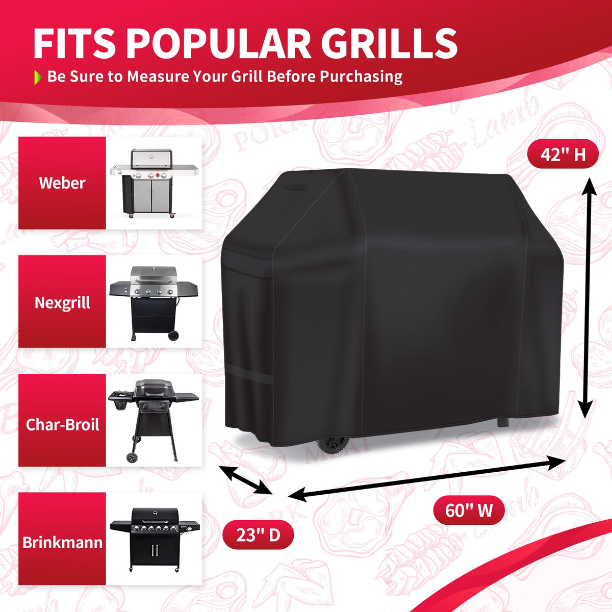 NEXCOVER 60-inch grill cover's waterproof design shields Weber, Char-Broil, and Nexgrill setups.