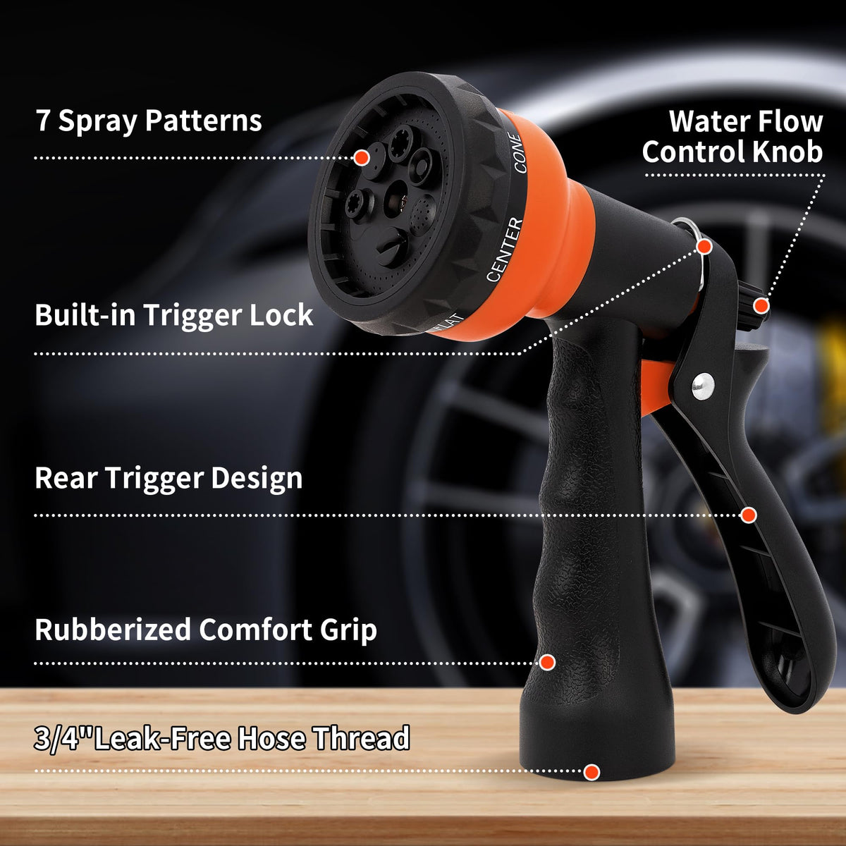 NEXCOVER hose nozzle 2-pack displaying 7-pattern spray options for versatile watering