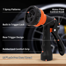 NEXCOVER hose nozzle 2-pack displaying 7-pattern spray options for versatile watering