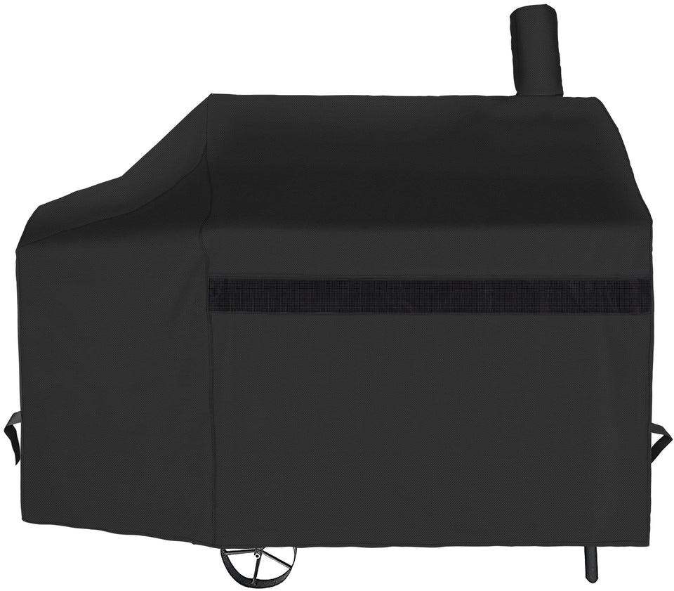 NEXCOVER offset smoker cover front view shields a 60W x 28D x 37.5H smoker from rain