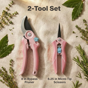 NEXON pink-handled two-pack garden clippers in action.