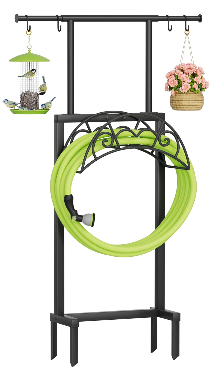 NEYCIL hose holder with telescopic pole keeps 150 ft hose neatly organized