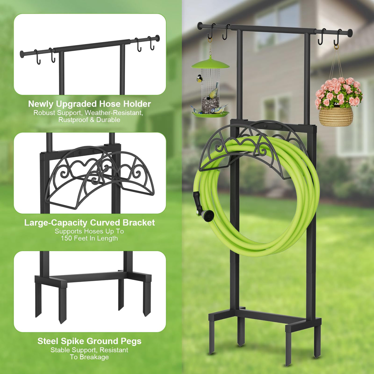 NEYCIL metal hose rack with hanging rod for tools and decor