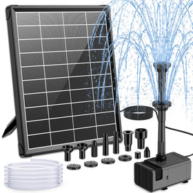 NFESOLAR 6.5W solar fountain pump in a sunlit bird bath illustrating direct-sun operation.