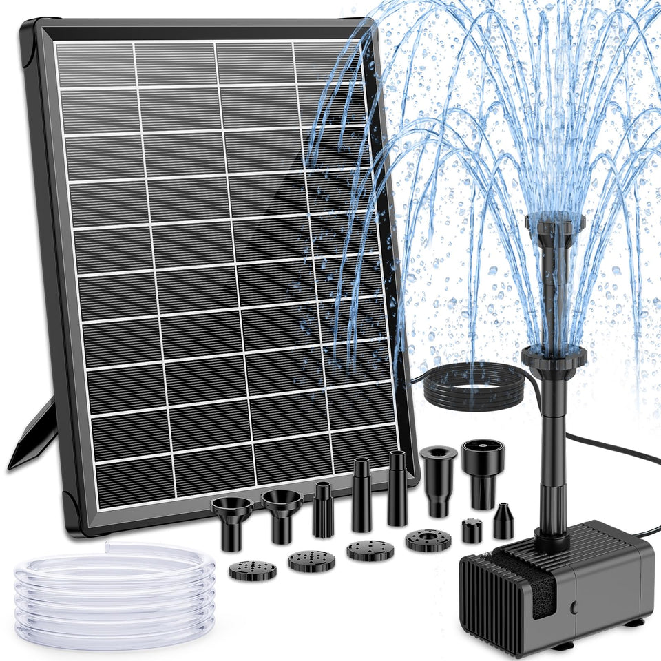 NFESOLAR 6.5W solar fountain pump in a sunlit bird bath illustrating direct-sun operation.
