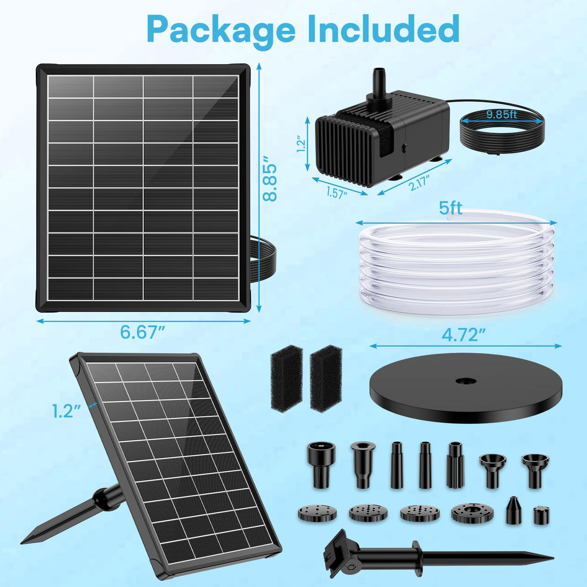 NFESOLAR solar fountain with eight nozzle patterns for varied water displays.
