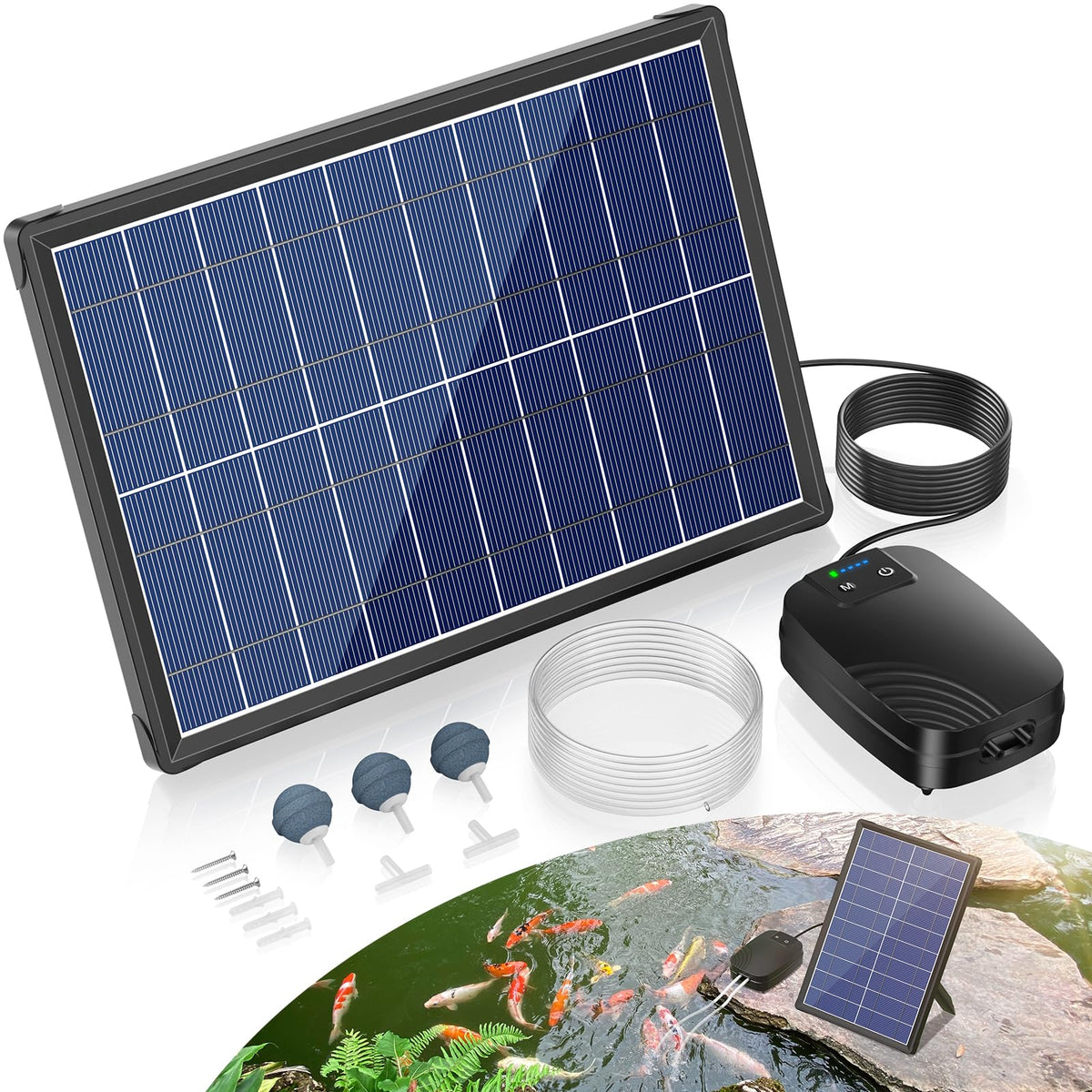 NFESOLAR 8W solar pond aerator front view showing compact all-in-one unit for continuous oxygenation