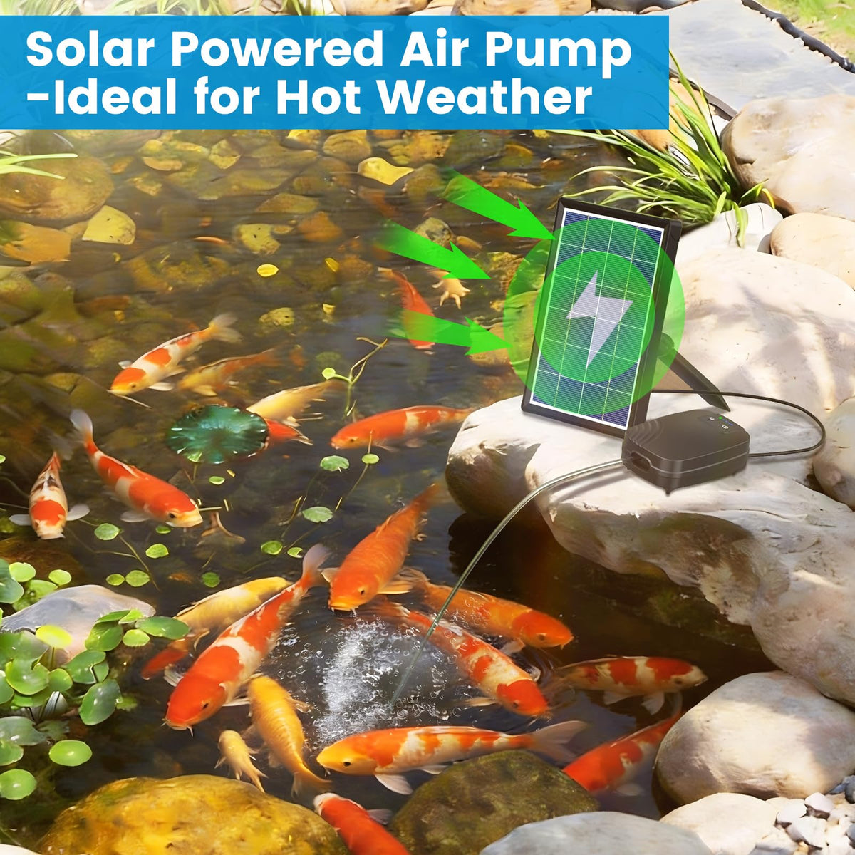 NFESOLAR battery backup 2200mAh powering night-time aeration in ponds and tanks