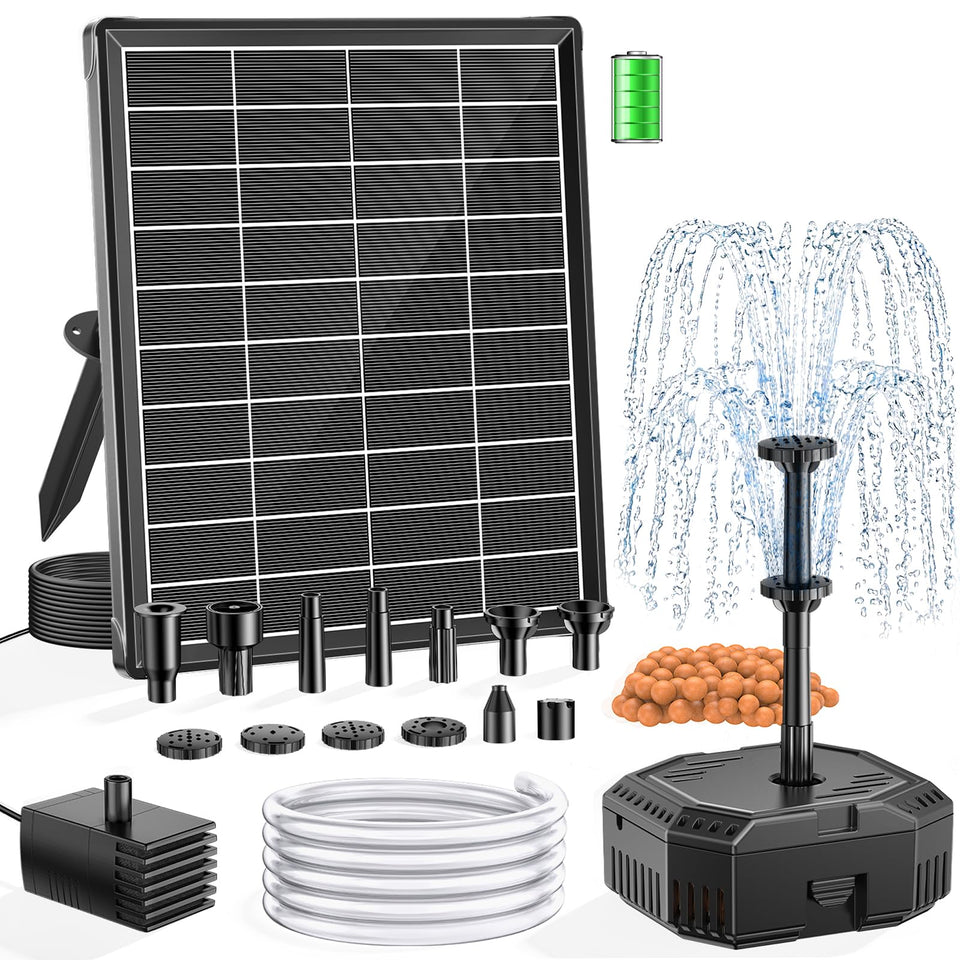NFESOLAR panel-to-pump-setup showing solar powered fountain in a garden