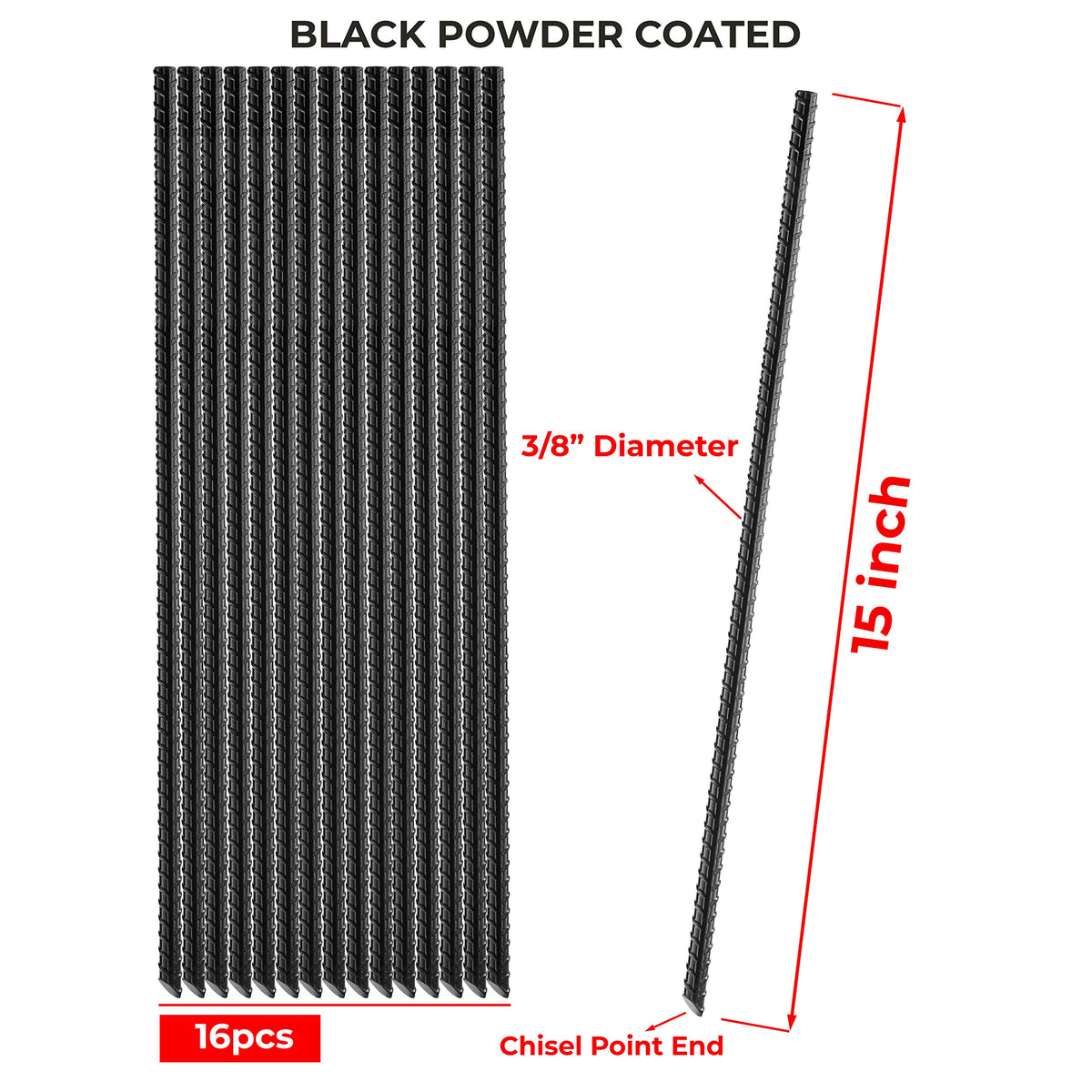 NHZ black powder coated steel stakes resist rust for outdoor use.