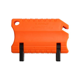 Niahm manual reel mower blade sharpener with orange housing for easy sharpening.