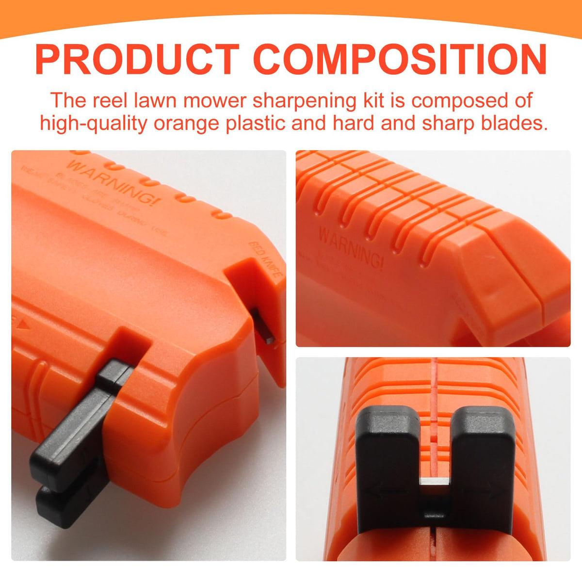 Niahm sharpener in use on reel mower blades demonstrating quick sharpening.