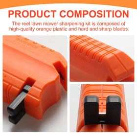 Niahm sharpener in use on reel mower blades demonstrating quick sharpening.