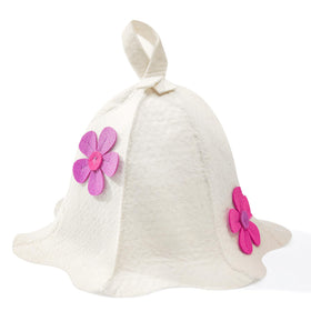 Nicalas sauna hat flowers white, front view for comfortable sauna sessions.