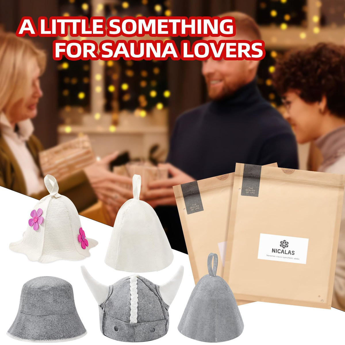 Nicalas sauna hat flowers white, gift-ready presentation for sauna enthusiasts.