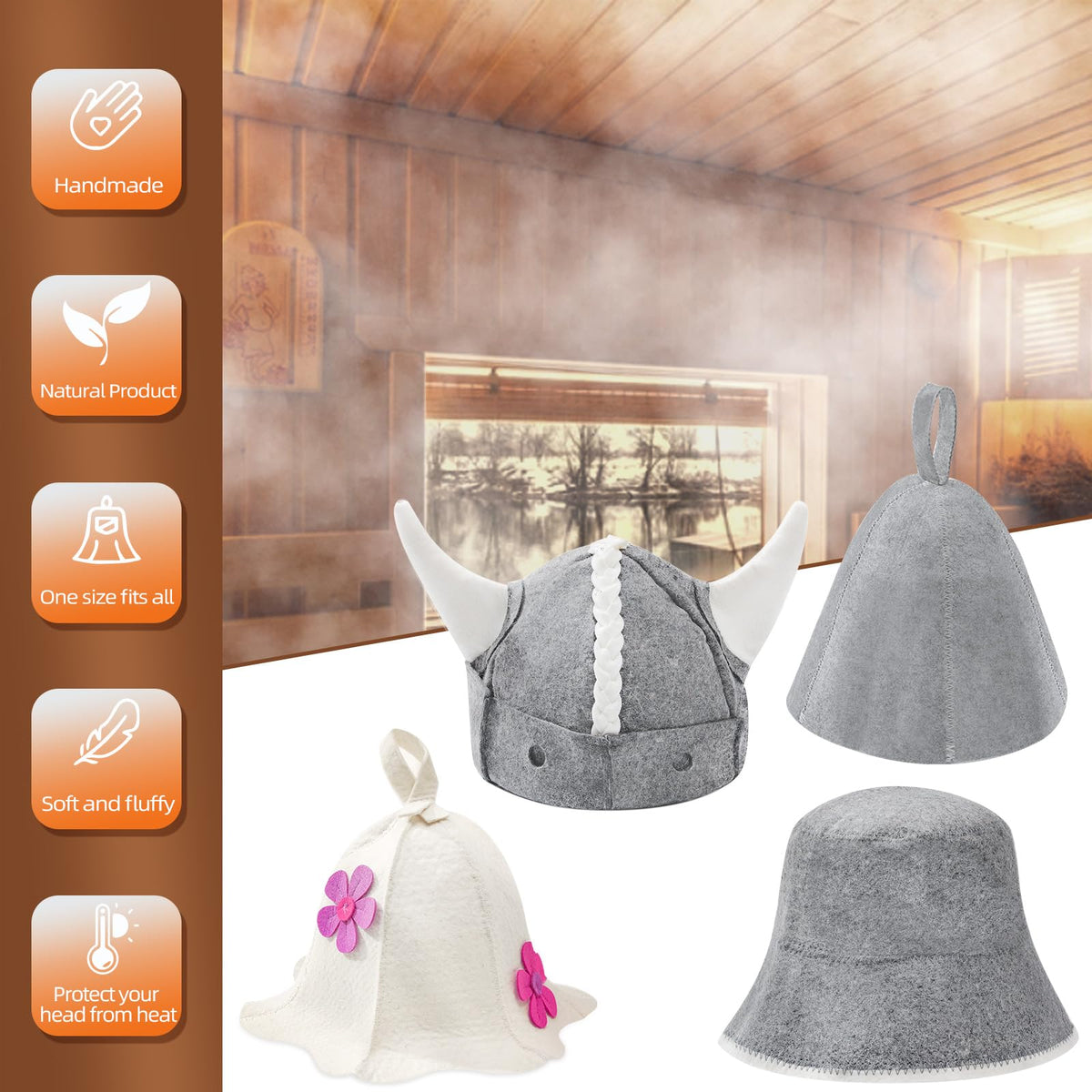 Nicalas sauna hat flowers white, head-on view showing secure universal fit.
